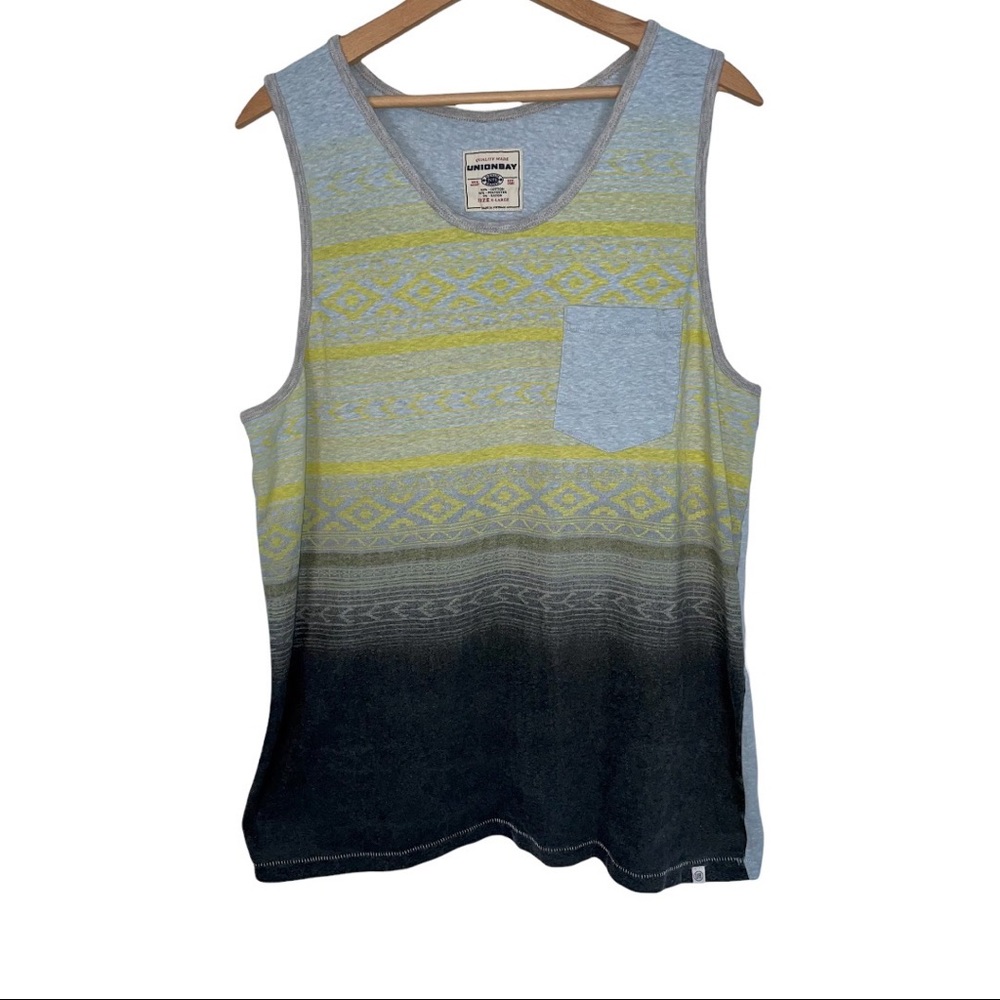 Union Bay Tank Top Beach XL Yellow Gray Pool Summer Casual Pattern Pocket Tee